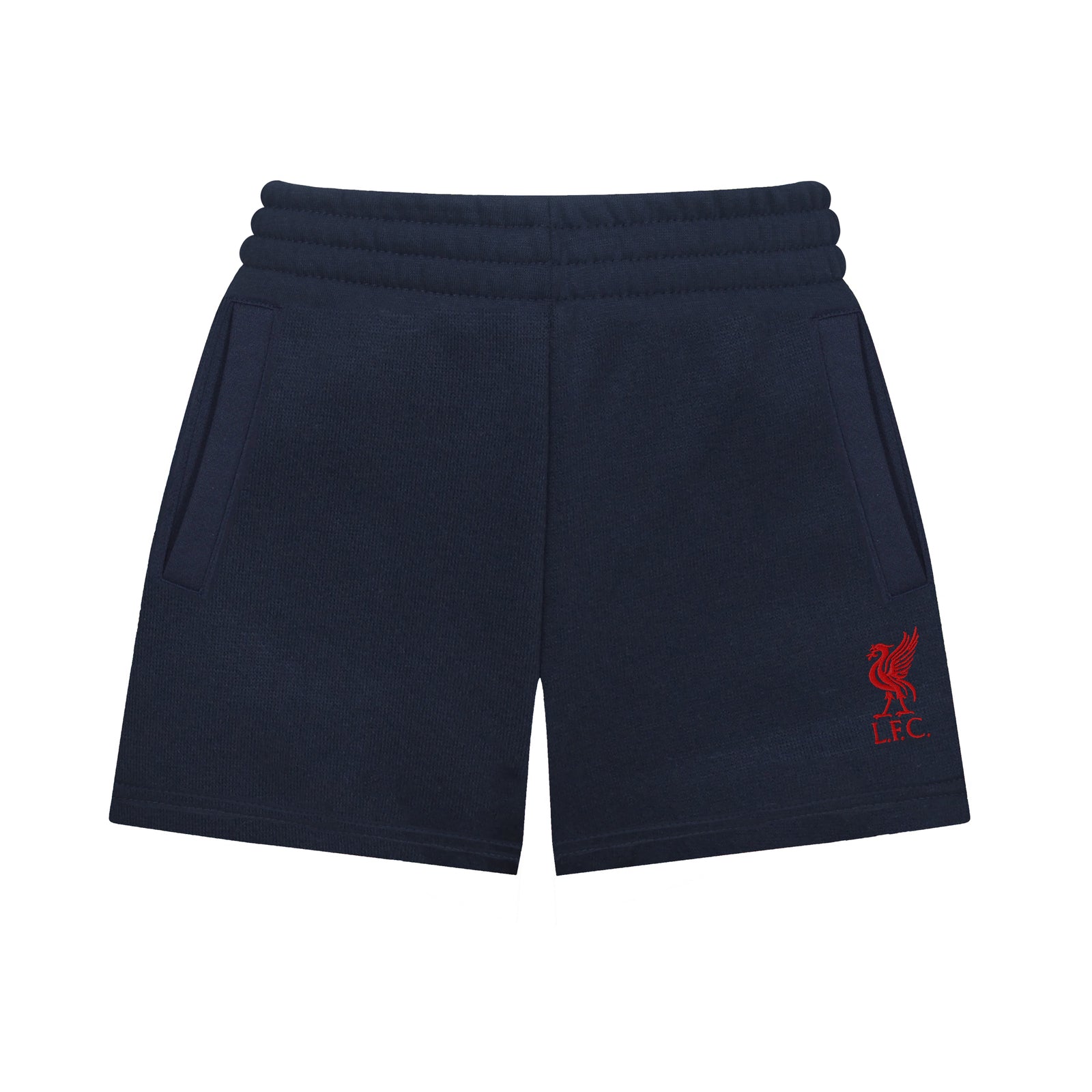 Liverpool kids fleece shorts in navy blue with crest to left leg and pockets to front & back.