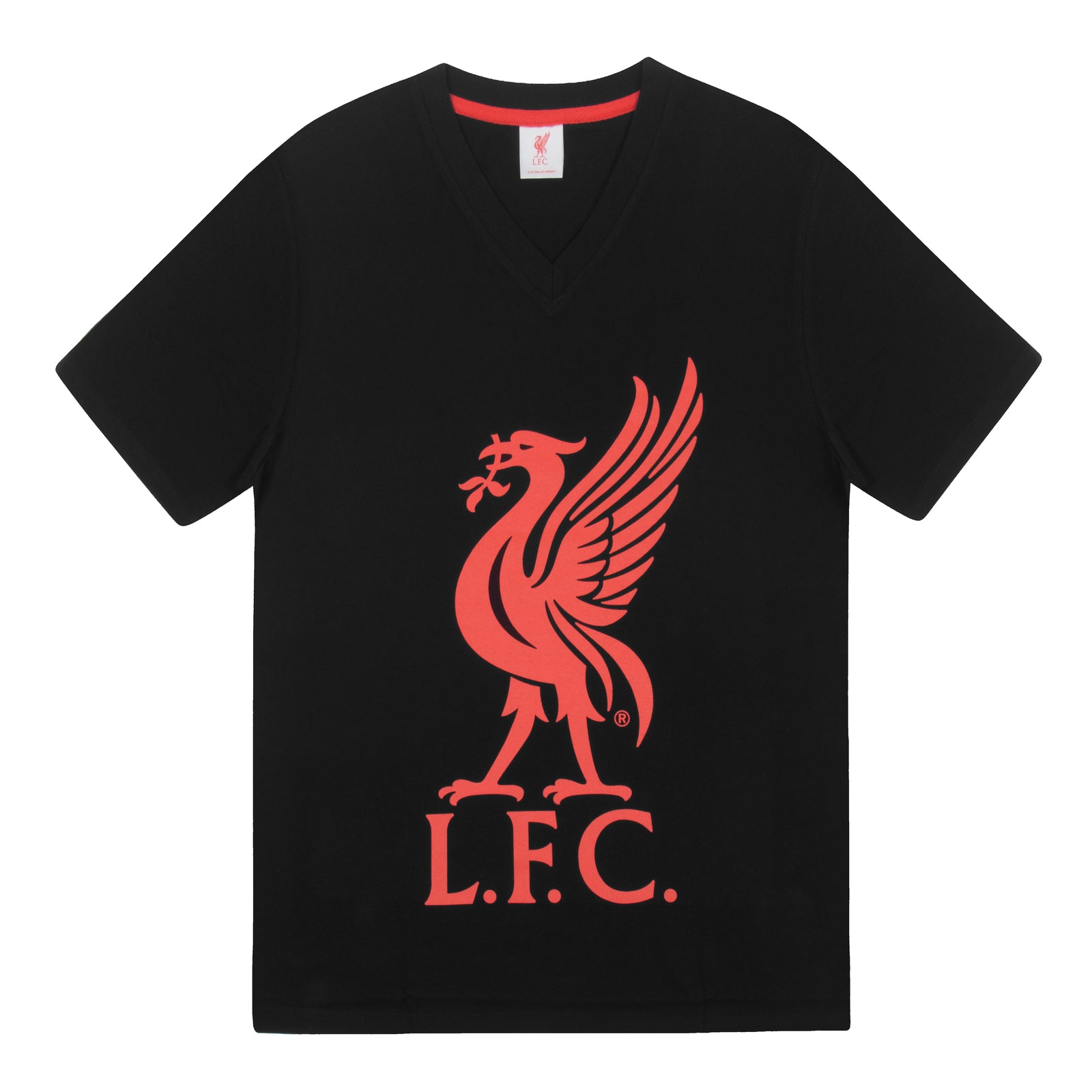 Liverpool adults pyjamas in black. Short sleeve top with graphic and shorts with logo to the left leg.