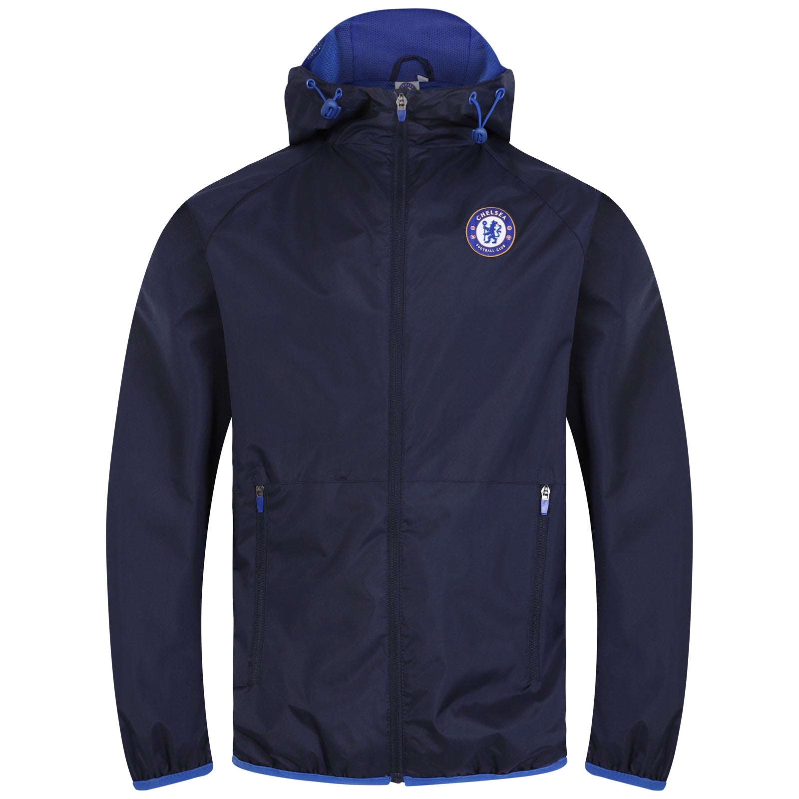 Chelsea adults shower jacket with hood in navy blue with club crest to chest.
