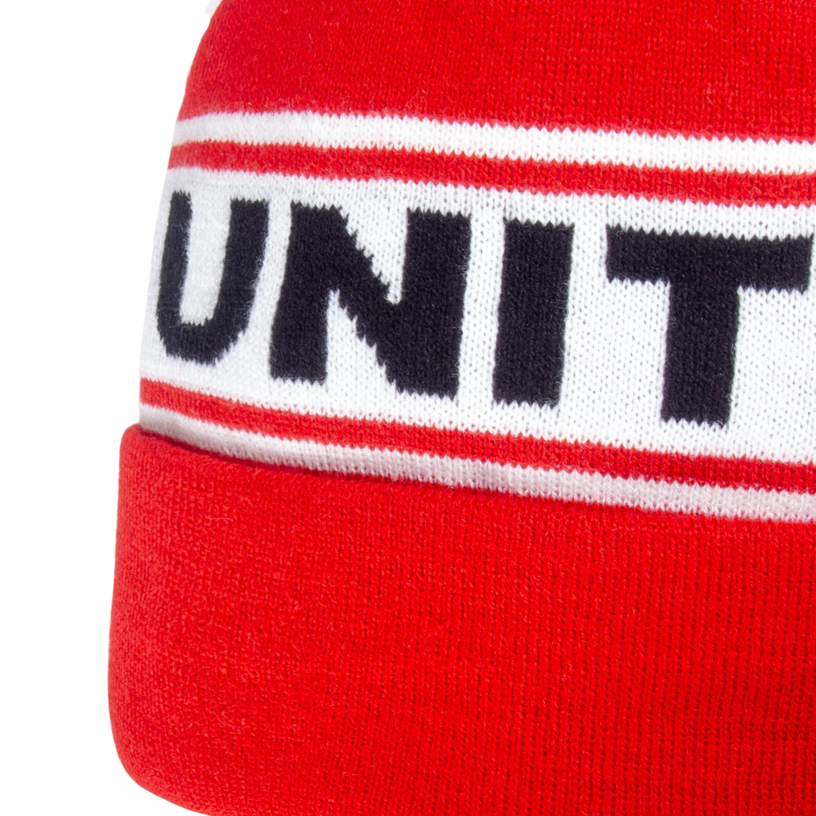 Man United knitted bobble hat in red with text to front