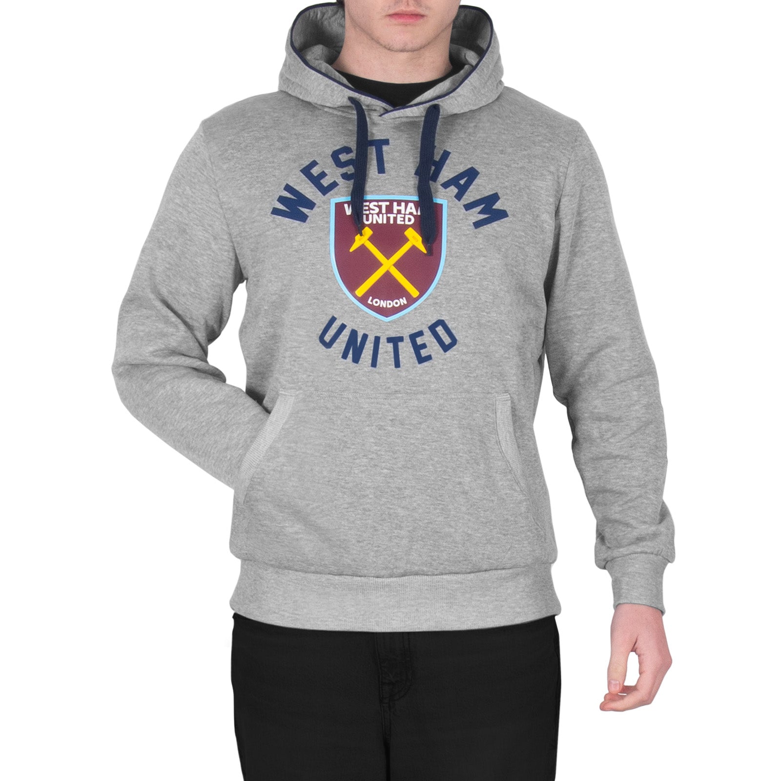 West Ham adults hoodie in grey with club crest & text print to front.