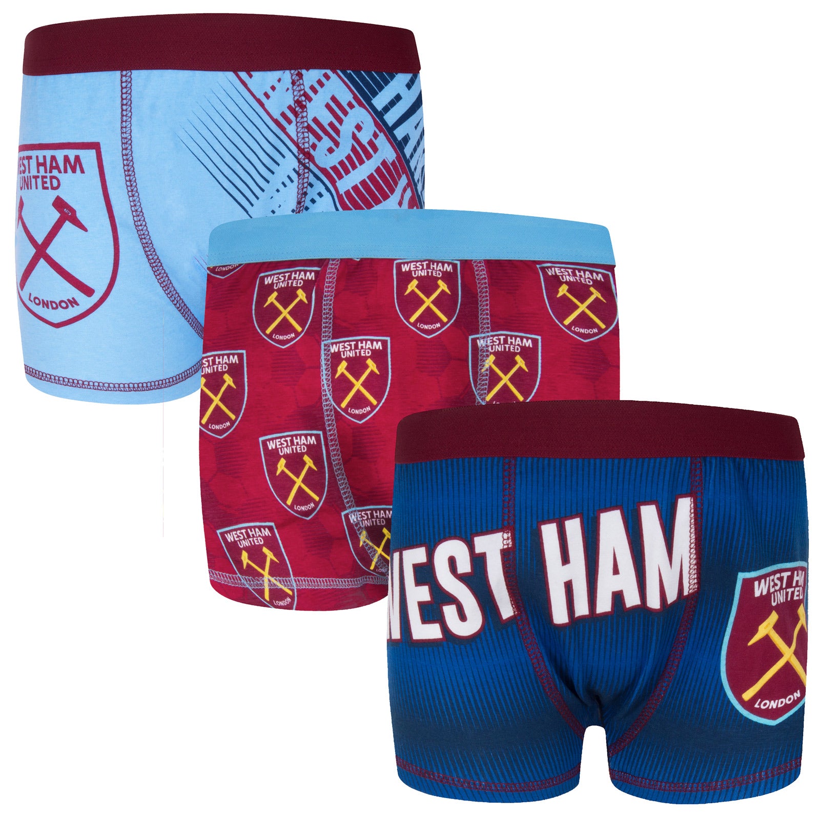 West Ham boxer shorts for boys in navy, claret and blue