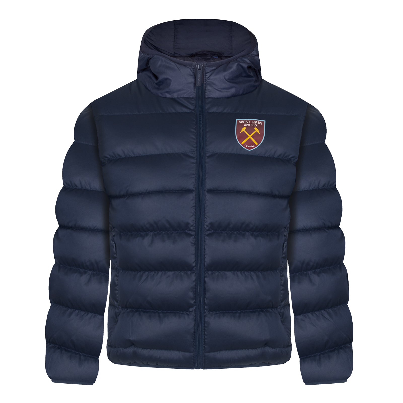 West Ham kids quilted jacket in navy blue with club crest to chest.